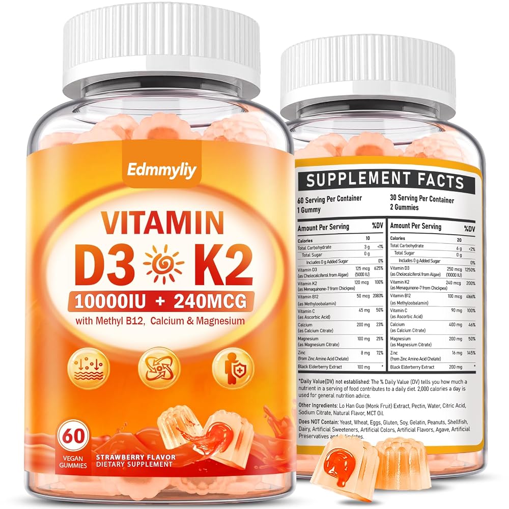 Edmmyliy Vitamin D3 K2 Gummies 10000 IU - 120 Count