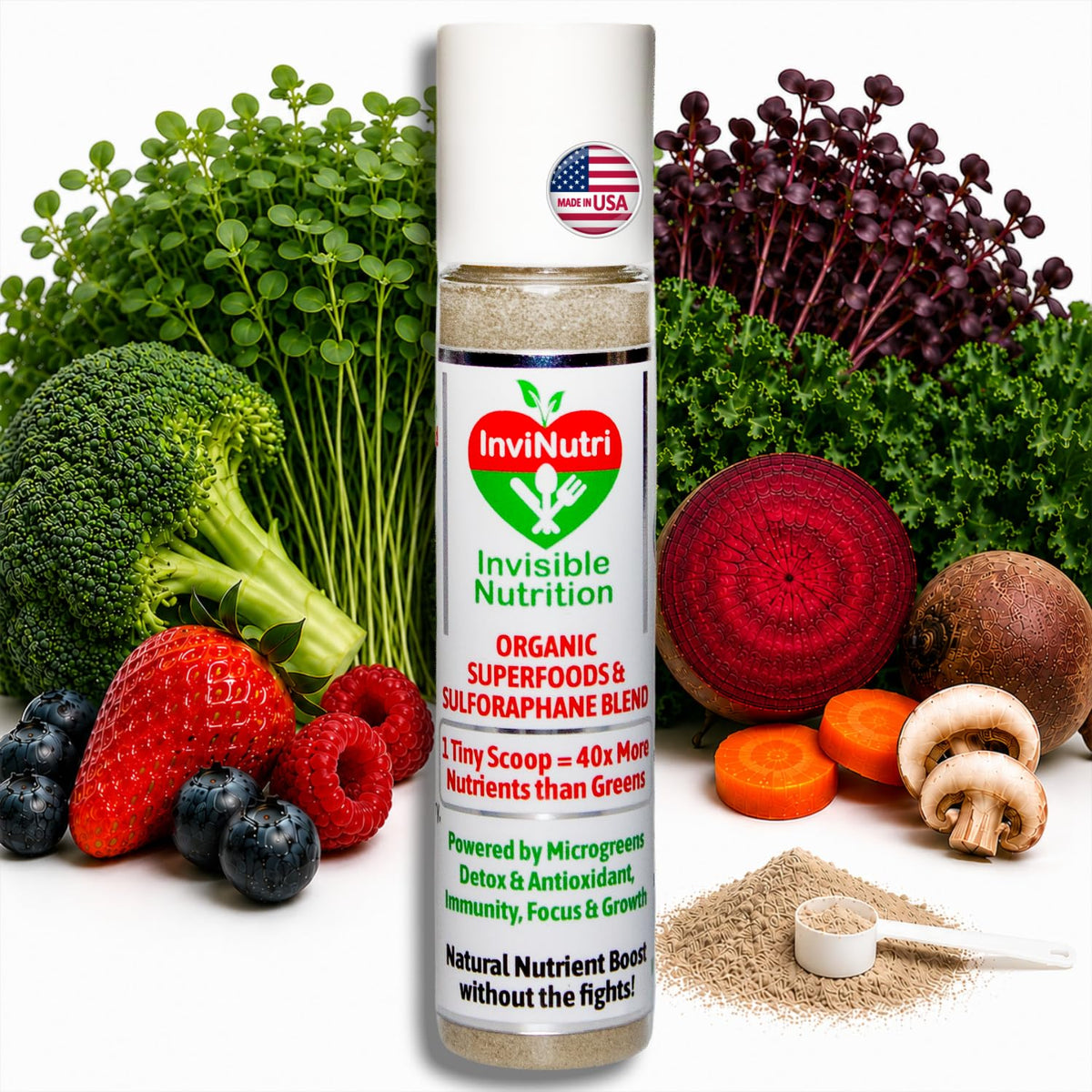 InviNutri Superfood Powder for Sensory & Picky Eaters. A Tiny Scoop