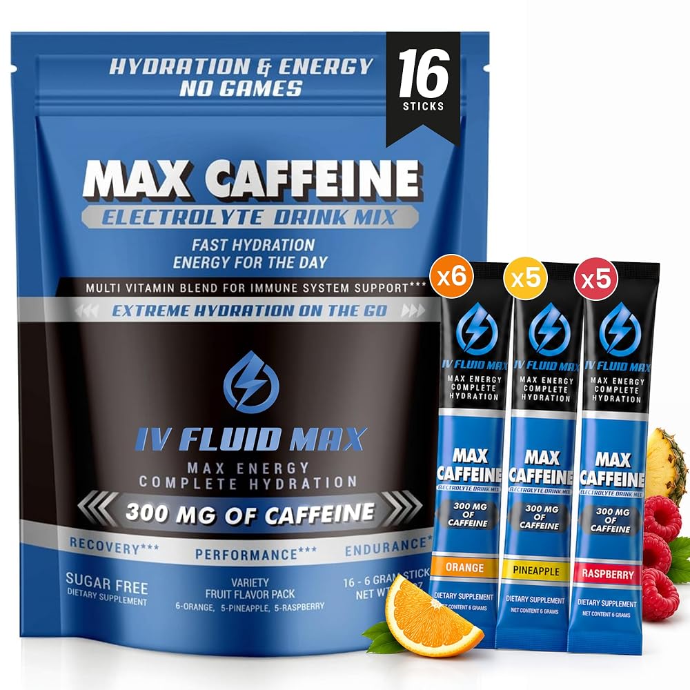 IV FLUID MAX Electrolyte Powder Packets with Caffeine - 16 Sticks