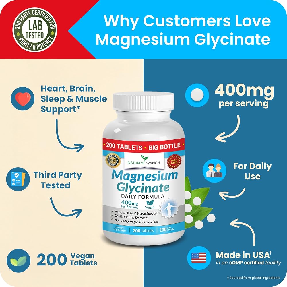 Nature's Branch Magnesium Glycinate 400mg for Sleep & Heart - 200 Tablets - image 5