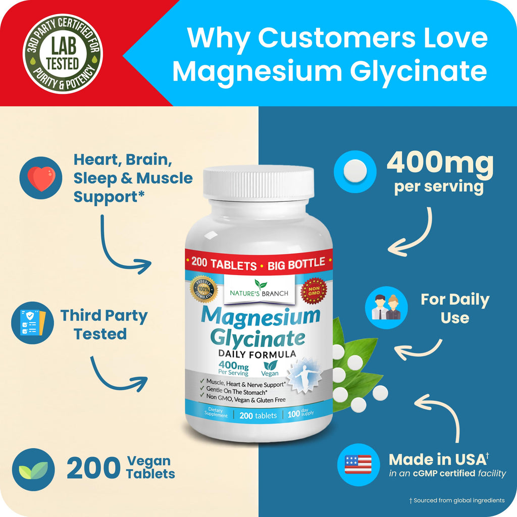 Nature's Branch Magnesium Glycinate 400mg for Sleep & Heart - 200 Tablets - image 5