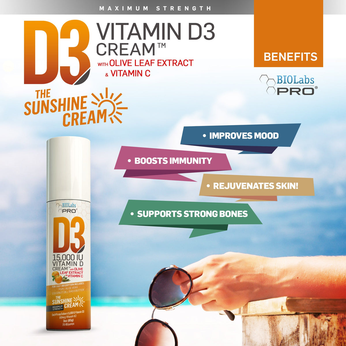 BIOLABS PRO Vitamin D3 15000 IU Cream with K2 - 3 Ounce - image 2