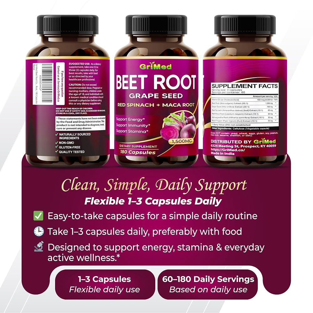 GriMed Beet Root 1500mg with Grape Seed Extract - 180 Capsules - image 9