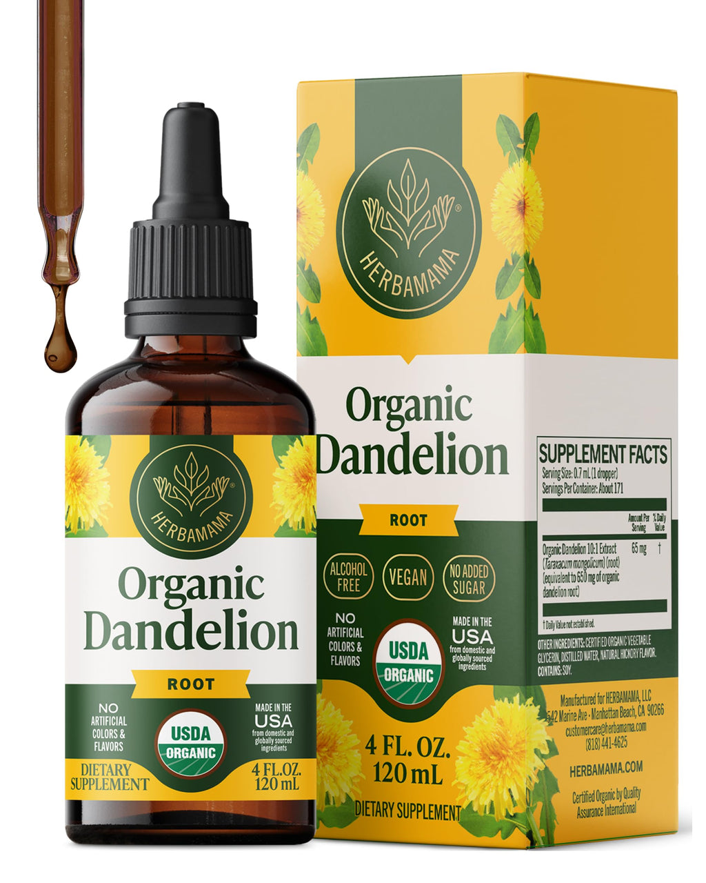 HERBAMAMA USDA Organic Dandelion Root Extract Liver Support - 4 oz