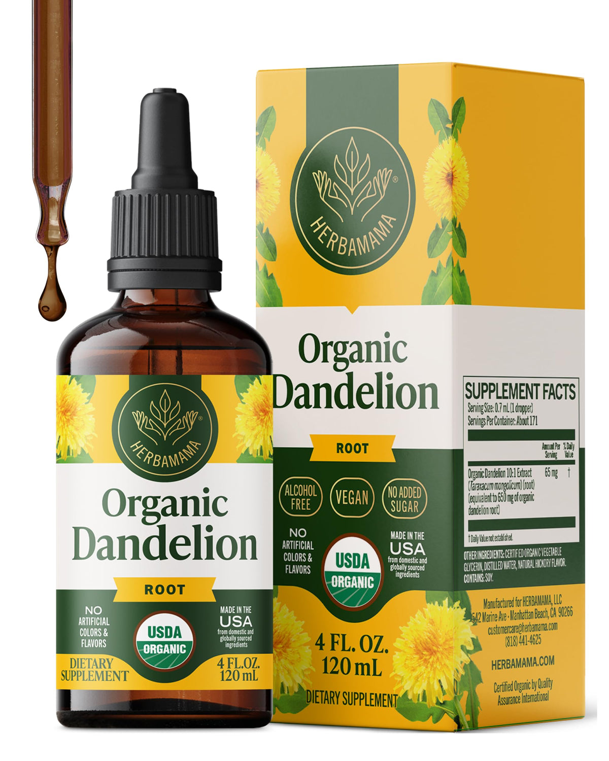 HERBAMAMA USDA Organic Dandelion Root Extract Liver Support - 4 oz