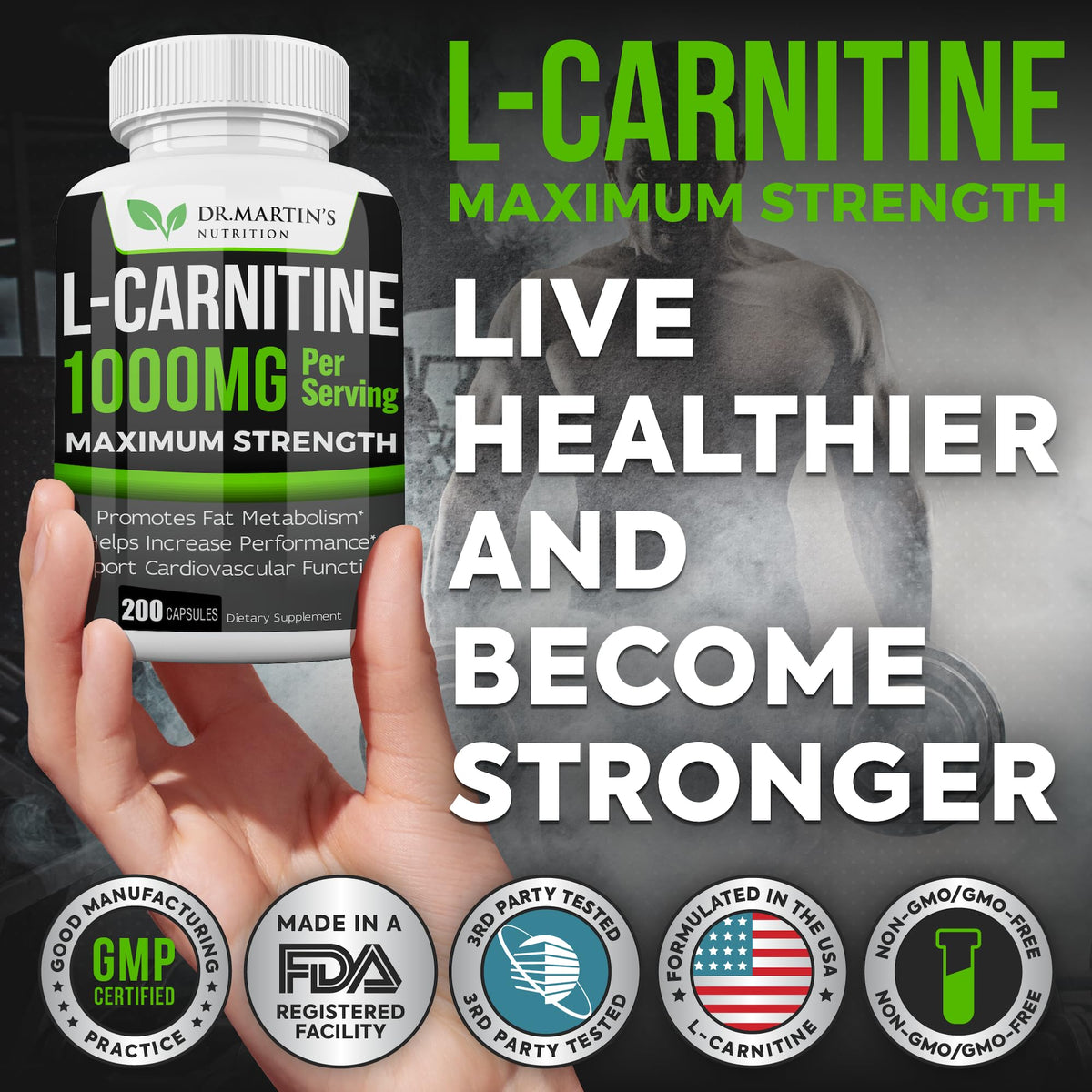 DR. MARTIN'S NUTRITION L-Carnitine 1000mg Energy Support - 200 Capsules - image 5