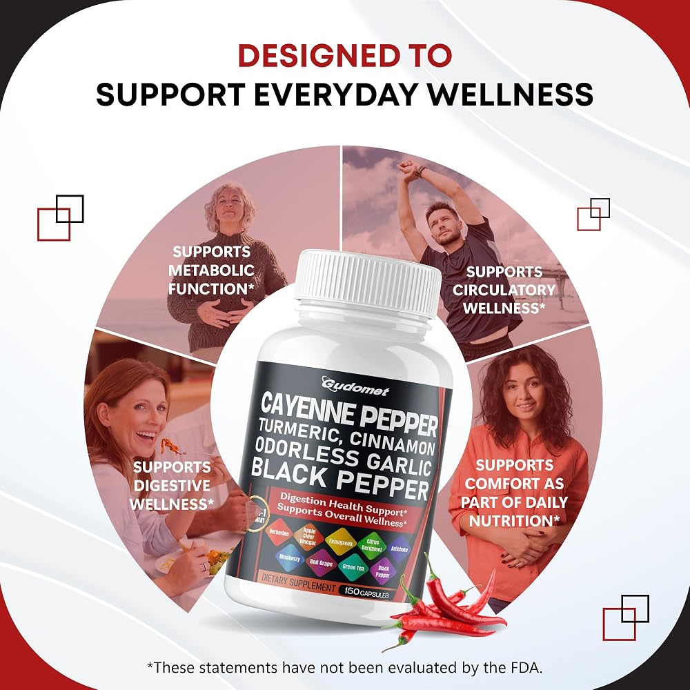 GUDOMET Cayenne Pepper 14-in-1 with Turmeric & Cinnamon - 150 Capsules - image 3