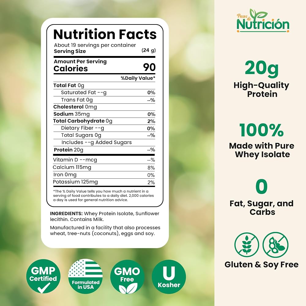 Pasos de Nutricion Whey Protein Isolate Powder Unflavored - 1 lb - image 2