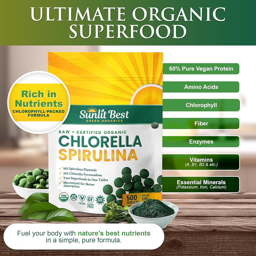 Sunlit Best Organic Chlorella Spirulina Tablets - 500 Count - image 2