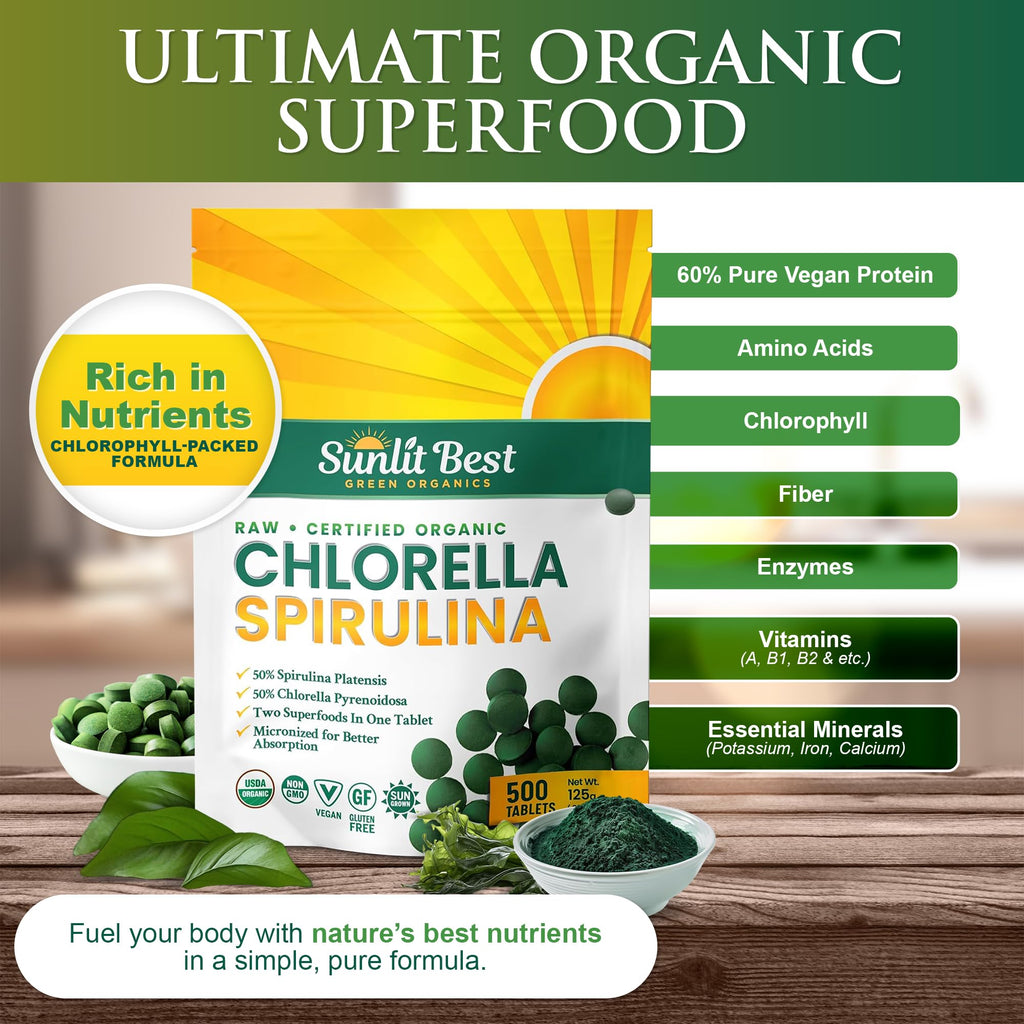 Sunlit Best Organic Chlorella Spirulina Tablets - 500 Count - image 2