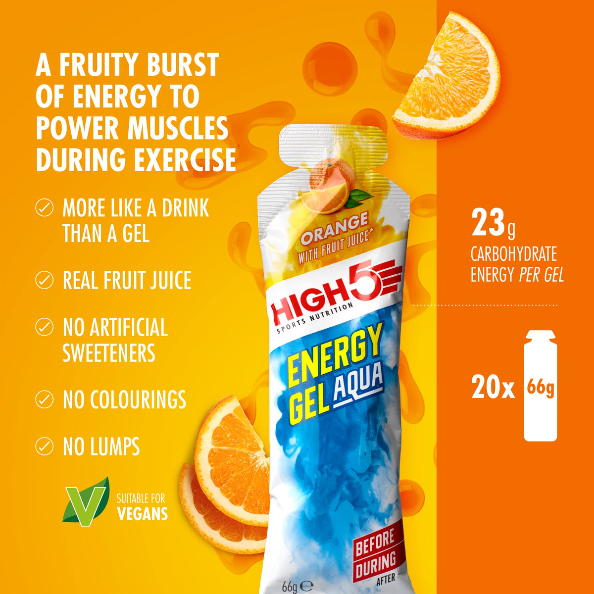 HIGH 5 HIGH5 Energy Gel Aqua Orange - 20 x 66g Sachets - image 2