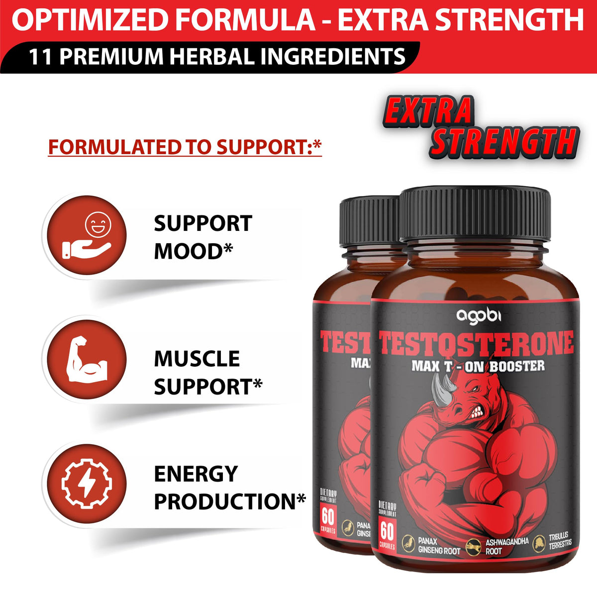 Agobi Herbal Testosterone Support with Ginseng & Ashwagandha - 120 Capsules - image 3