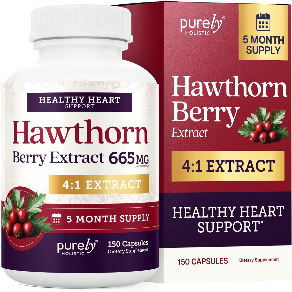 Purely Holistic Hawthorn Berry Extract 4:1 Supplement - 150 Capsules