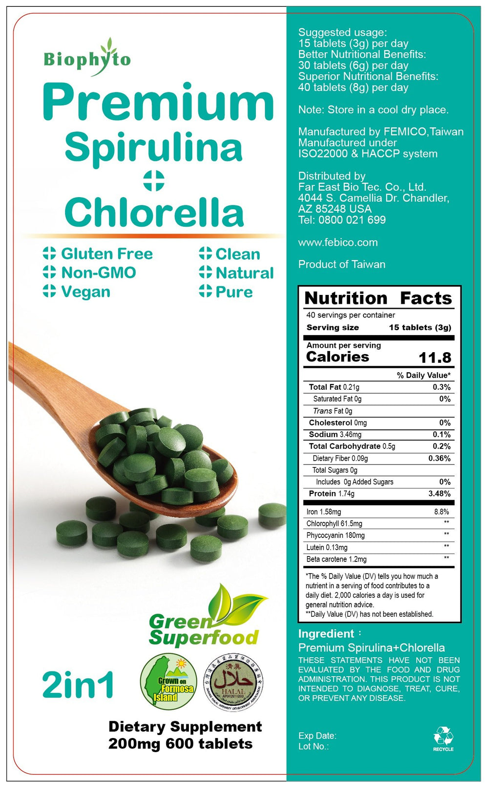 FEBICO Chlorella Spirulina 2 in 1 Tablets - 600 Count - image 2