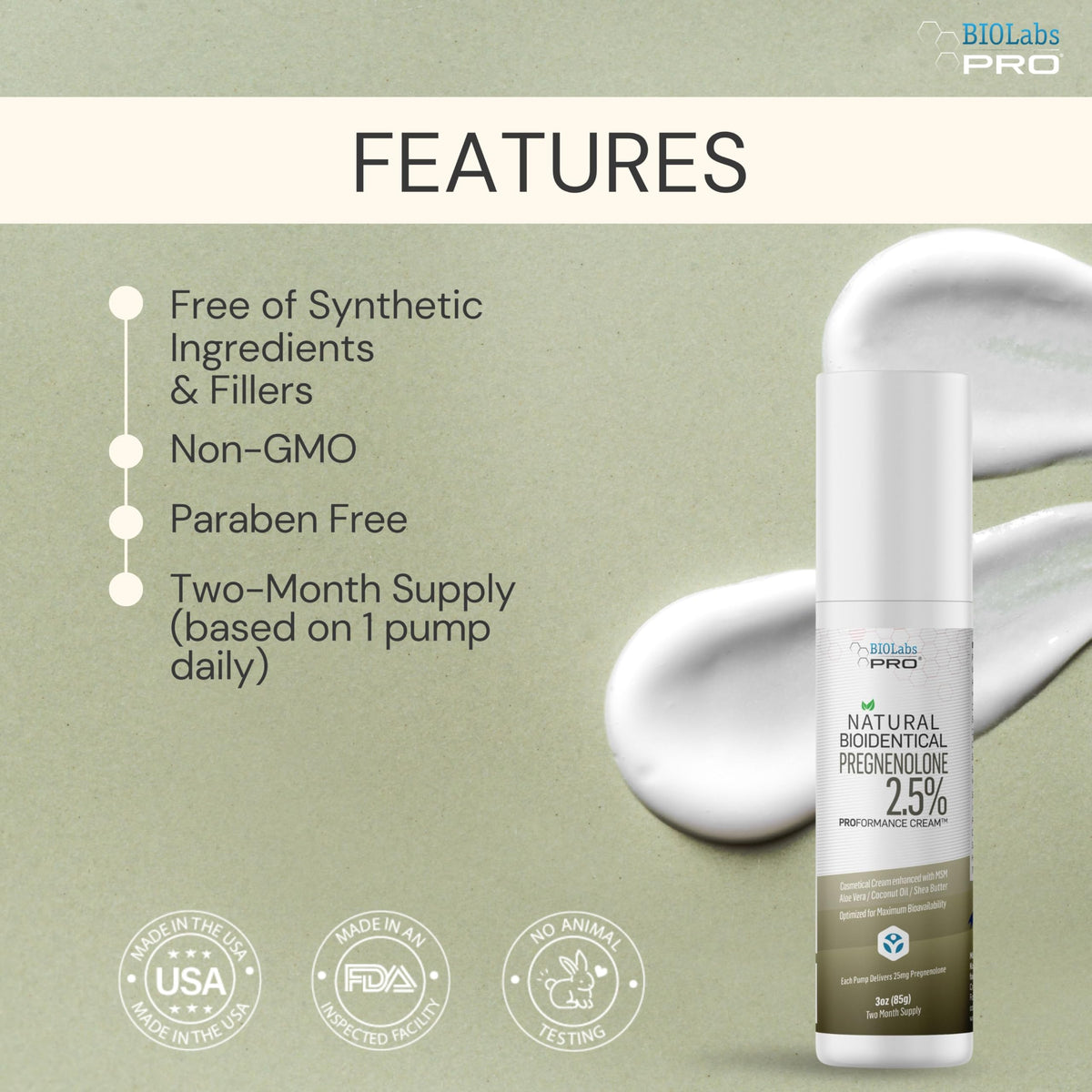 BIOLABS PRO Pregnenolone Bioidentical Cream 2.5% - 3 oz - image 3