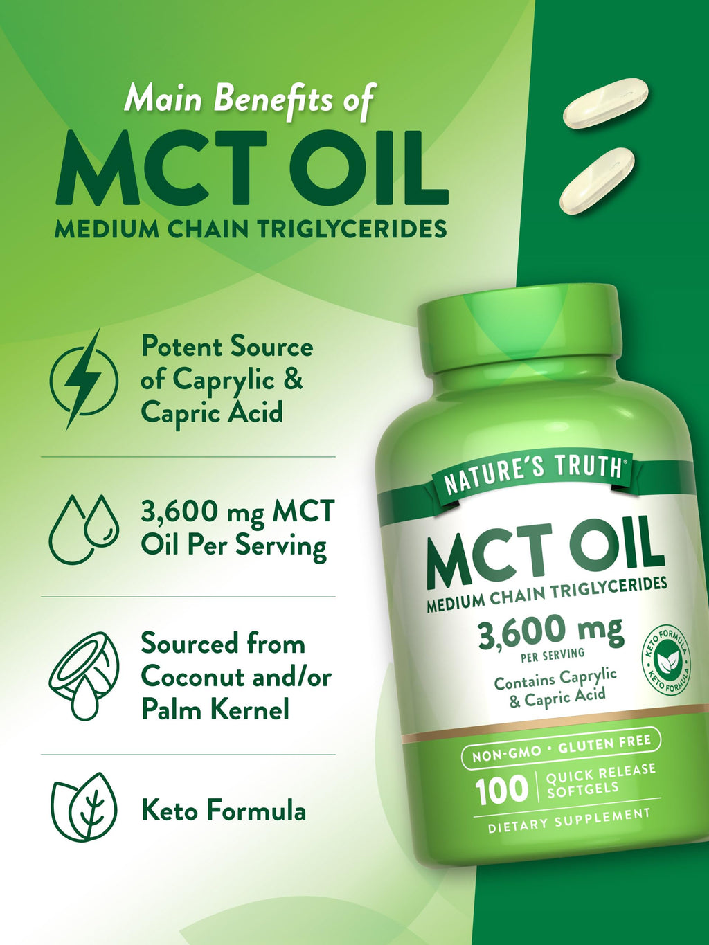 Nature's Truth MCT Oil Pills 3600mg Keto Friendly - 100 Softgels - image 5