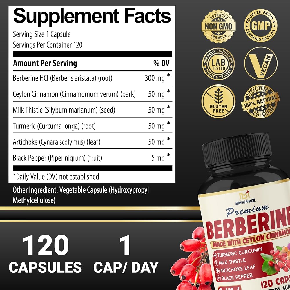 BMVINVOL Berberine Supplement with Ceylon Cinnamon & Turmeric - 120 Capsules - image 2
