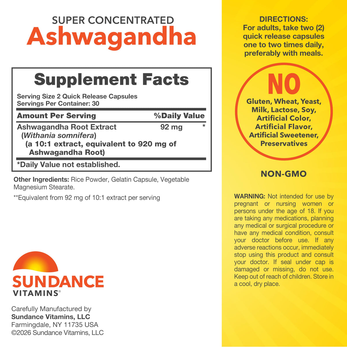 Sundance Ashwagandha Super Concentrated - 60 Capsules - image 2