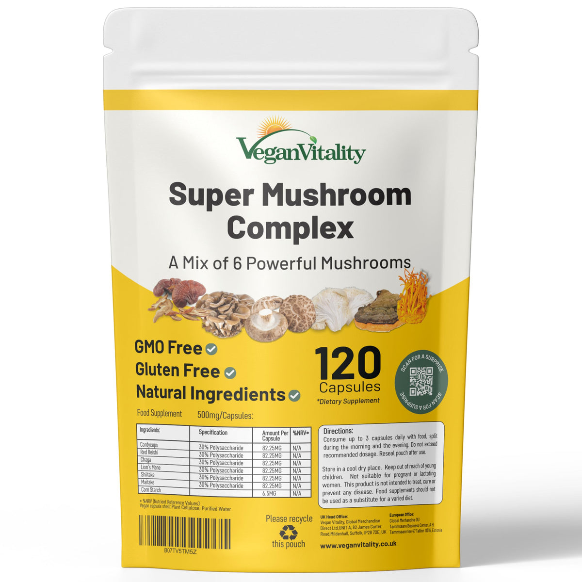 Vegan Vitality Multi Mushroom Supplement Complex - 120 Capsules
