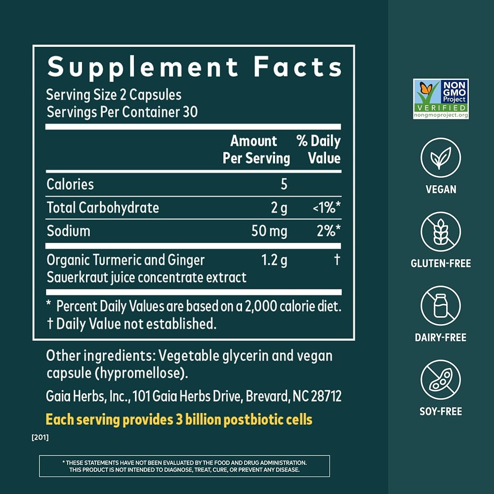 Gaia Herbs Ginger-Turmeric Postbiotic - 60 Vegan Capsules - image 2