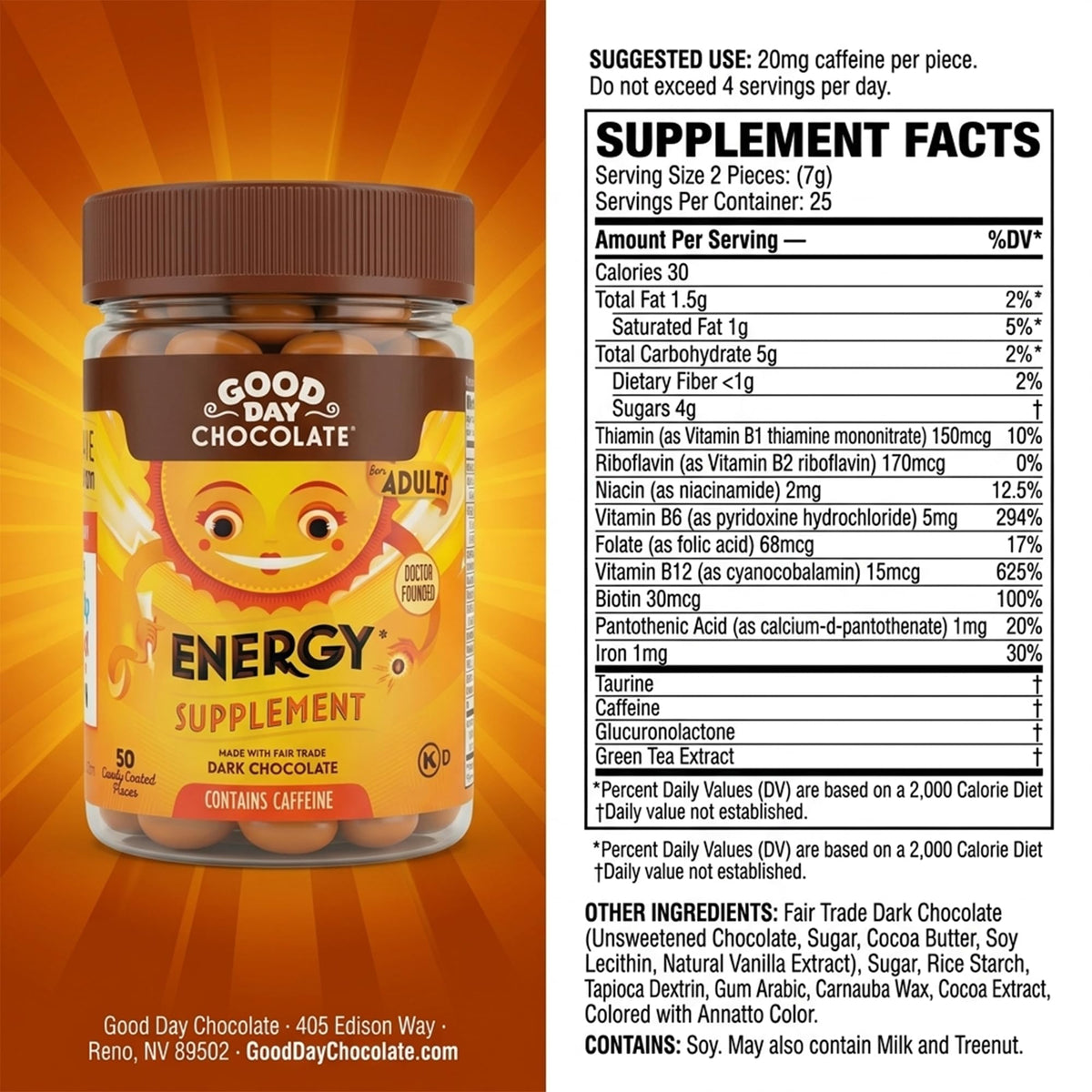 Good Day Chocolate Energy Supplements Caffeine Chocolate - 50 Count - image 2