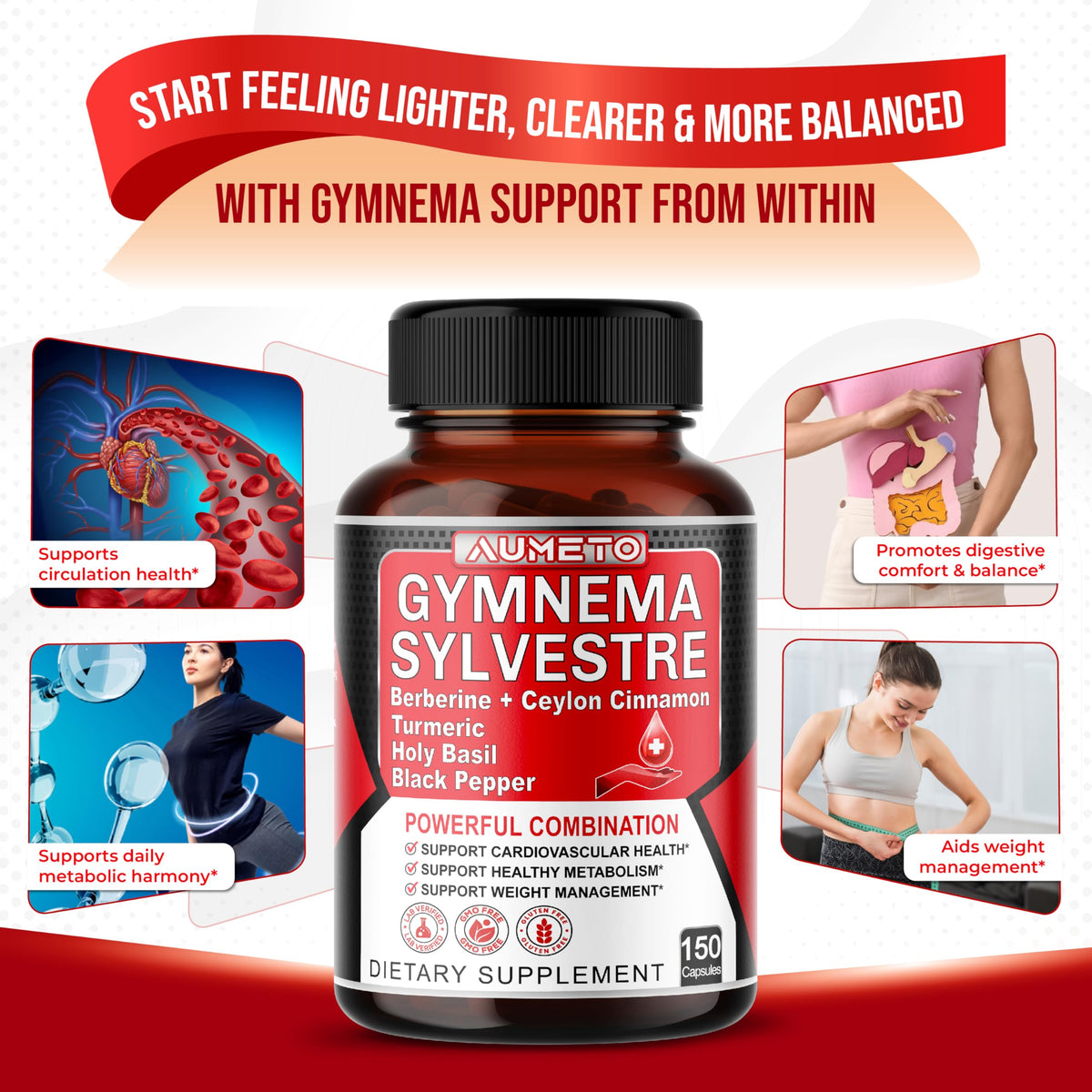 Aumeto Gymnema Sylvestre 6-in-1 with Berberine & Cinnamon - 150 Capsules - image 3