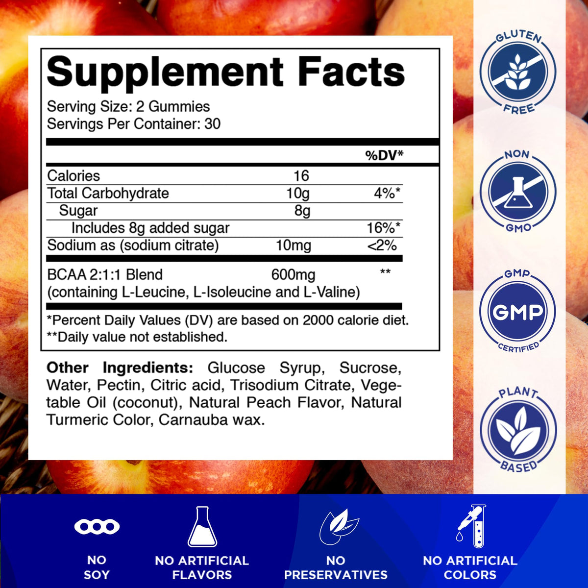Vitamatic BCAA Gummies - Branch Chain Amino Acid Supplements - Peach