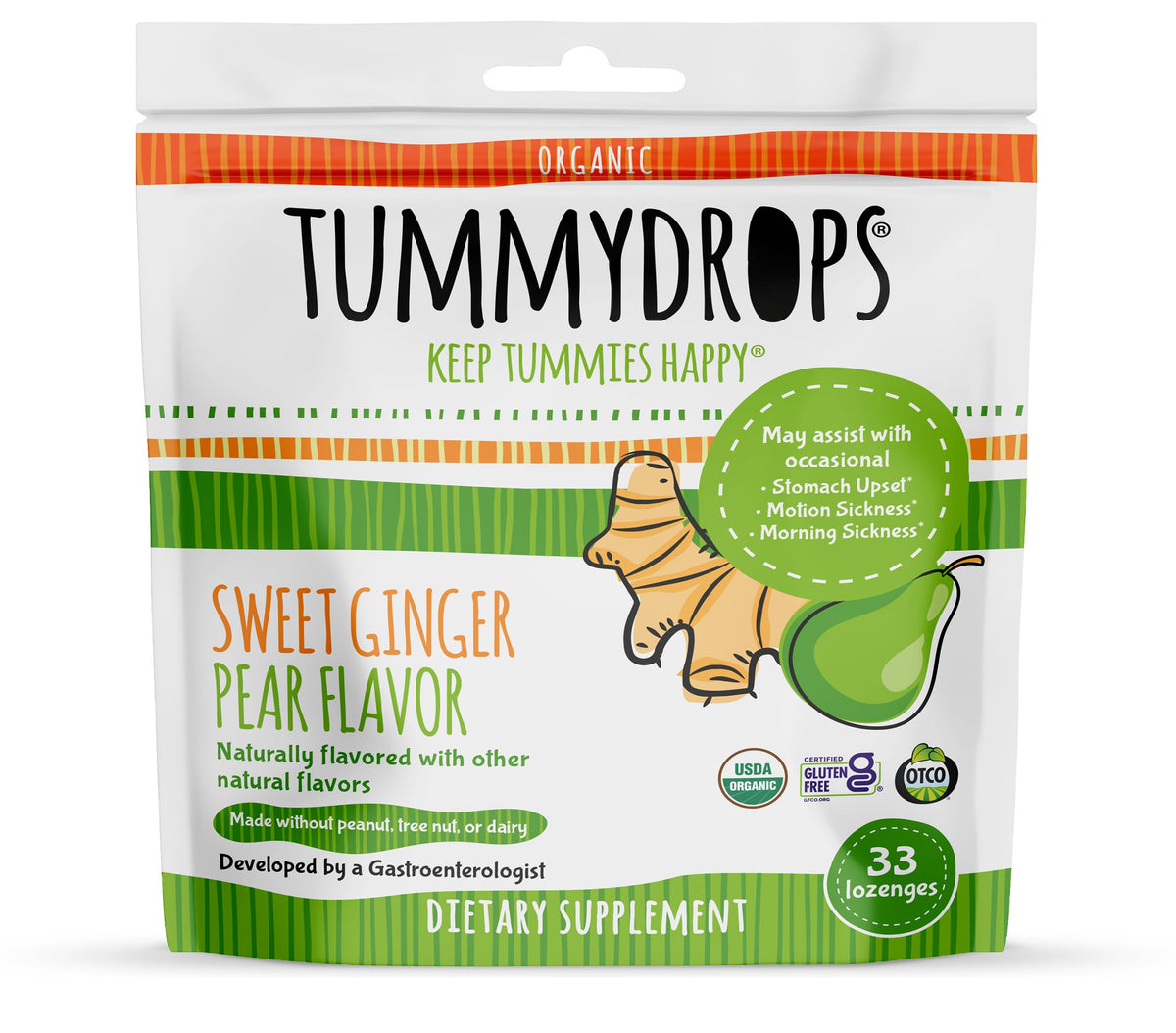 tummy drops Sweet Ginger Pear Lozenges for Queasy Stomachs - 33 Count