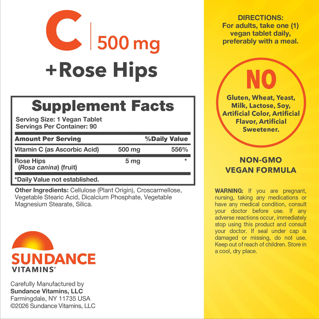 Sundance Vitamin C with Rose Hips 500mg - 90 Vegetarian Tablets - image 2
