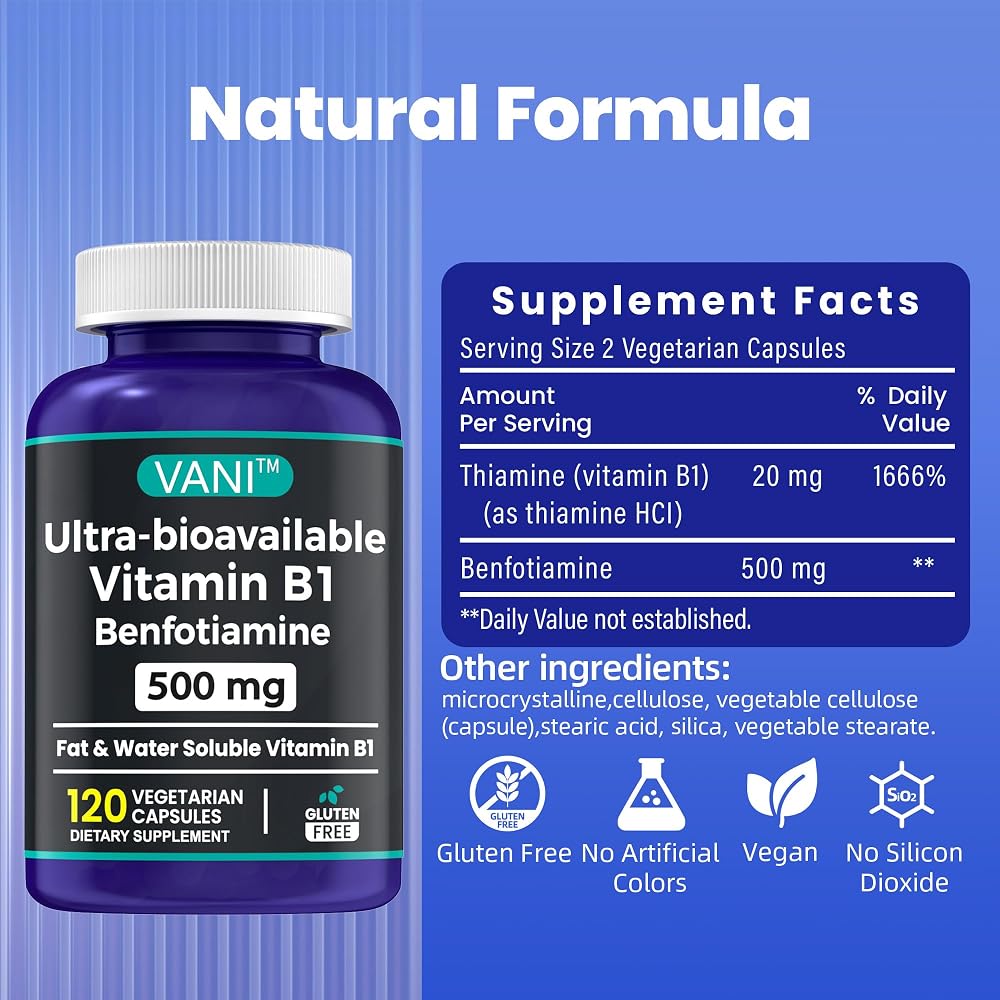 VANI Vitamin B1 with Benfotiamine 500mg - 120 Capsules - image 3