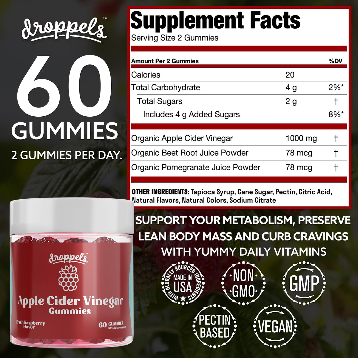 Droppels Apple Cider Vinegar Gummies 1000mg with Beet Root