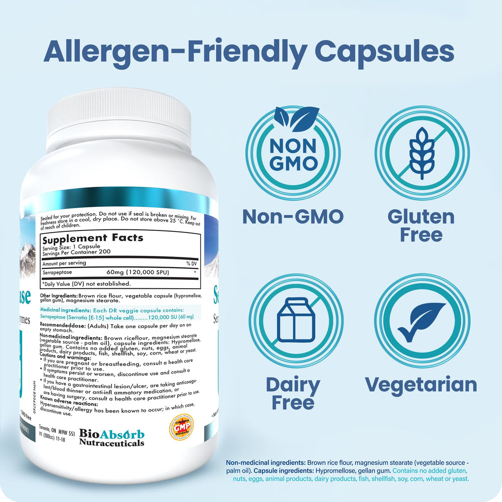 Bio Absorb Serrapeptase 120000 SPU Delayed Release - 200 Capsules - image 5