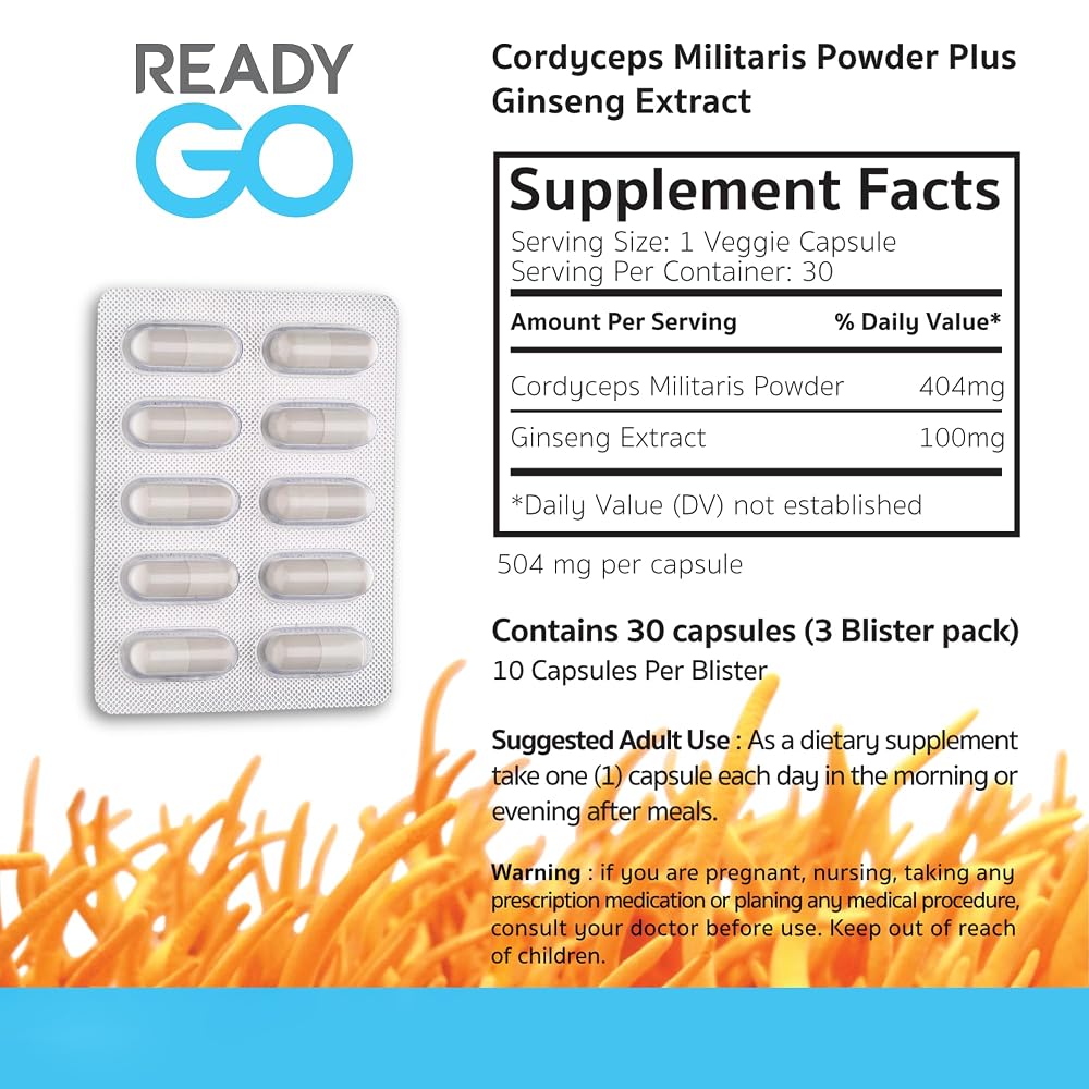 READYGO Cordyceps Militaris Mushroom Capsules with Ginseng - 30 Capsules - image 3