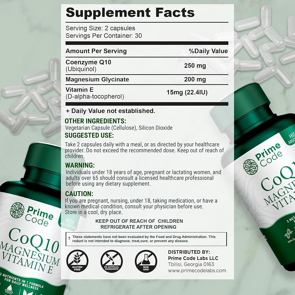 Prime Code CoQ10 250mg with Magnesium Glycinate Capsules - 60 Count - image 2