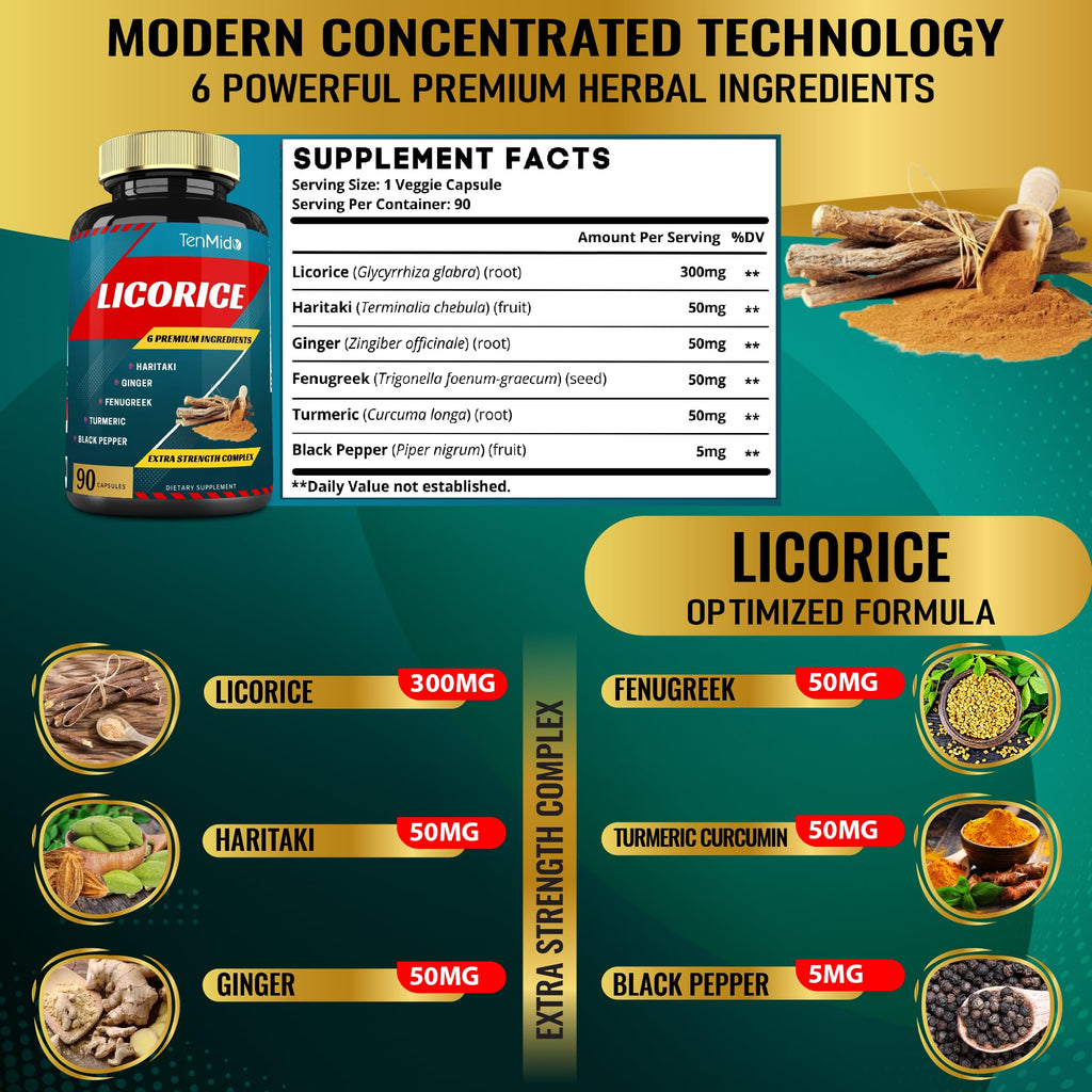 Tenmido Licorice Extract Capsules with Turmeric & Ginger - 90 Capsules - image 3