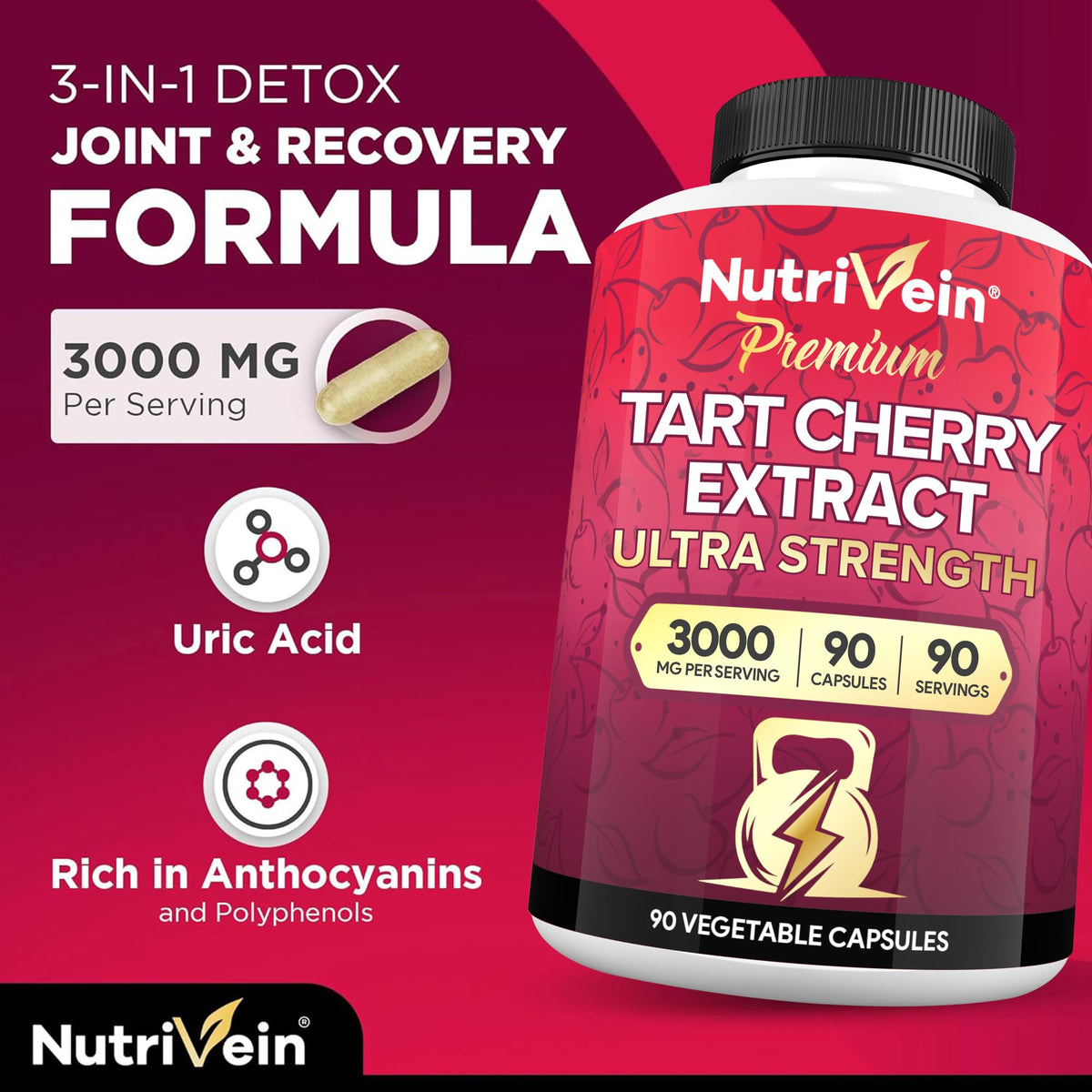 Nutrivein Premium Organic Tart Cherry Capsules 3000mg - 90 Vegetarian Capsules - image 4