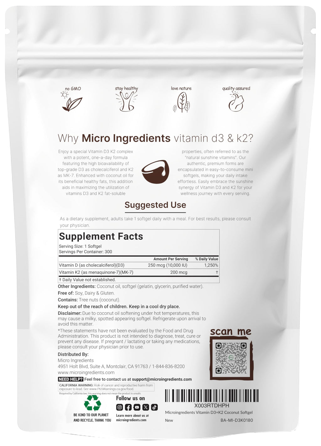 Micro Ingredients Vitamin D3 K2 MK-7 10,000 IU - 300 Softgels - image 4