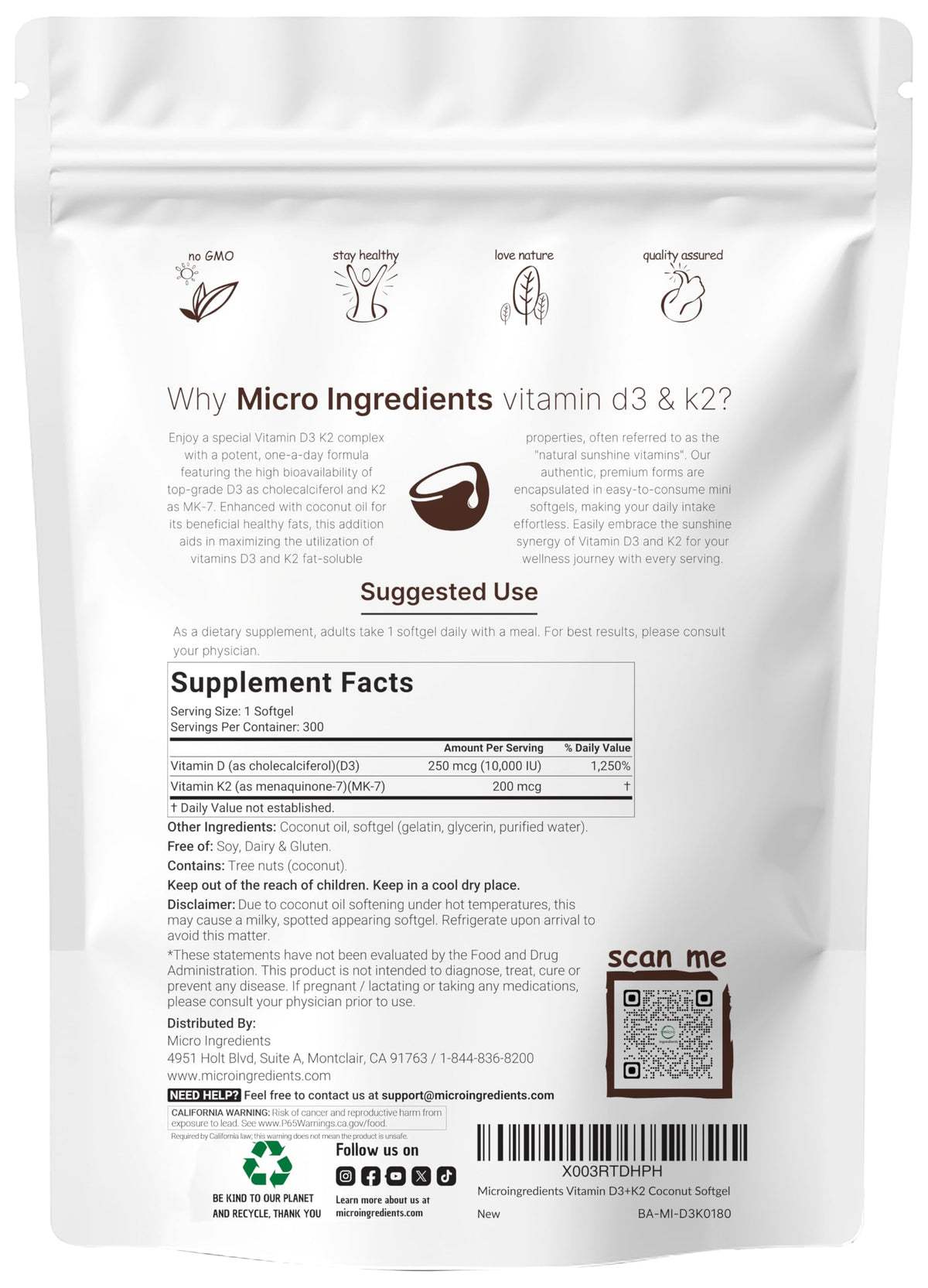Micro Ingredients Vitamin D3 K2 MK-7 10,000 IU - 300 Softgels - image 4