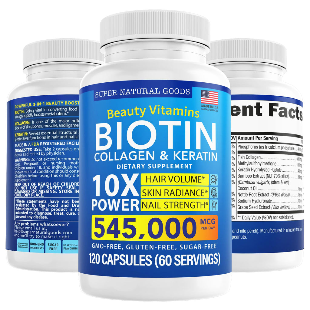 Super Natural Goods Biotin Collagen Keratin Vitamins - 120 Capsules