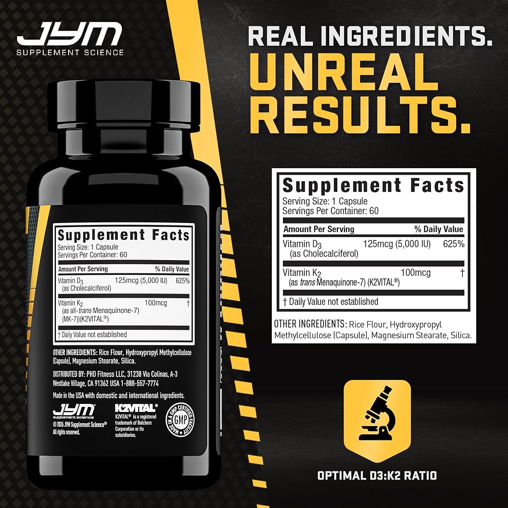 JYM D3 + K2 Supplement 5000 IU Vitamin D3 - 60 Vegetarian Capsules - image 4