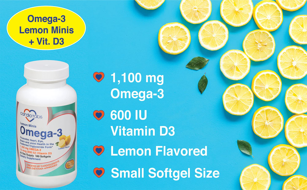 CardioTabs Omega-3 Lemon Minis with Vitamin D3 - 180 Softgels - image 2