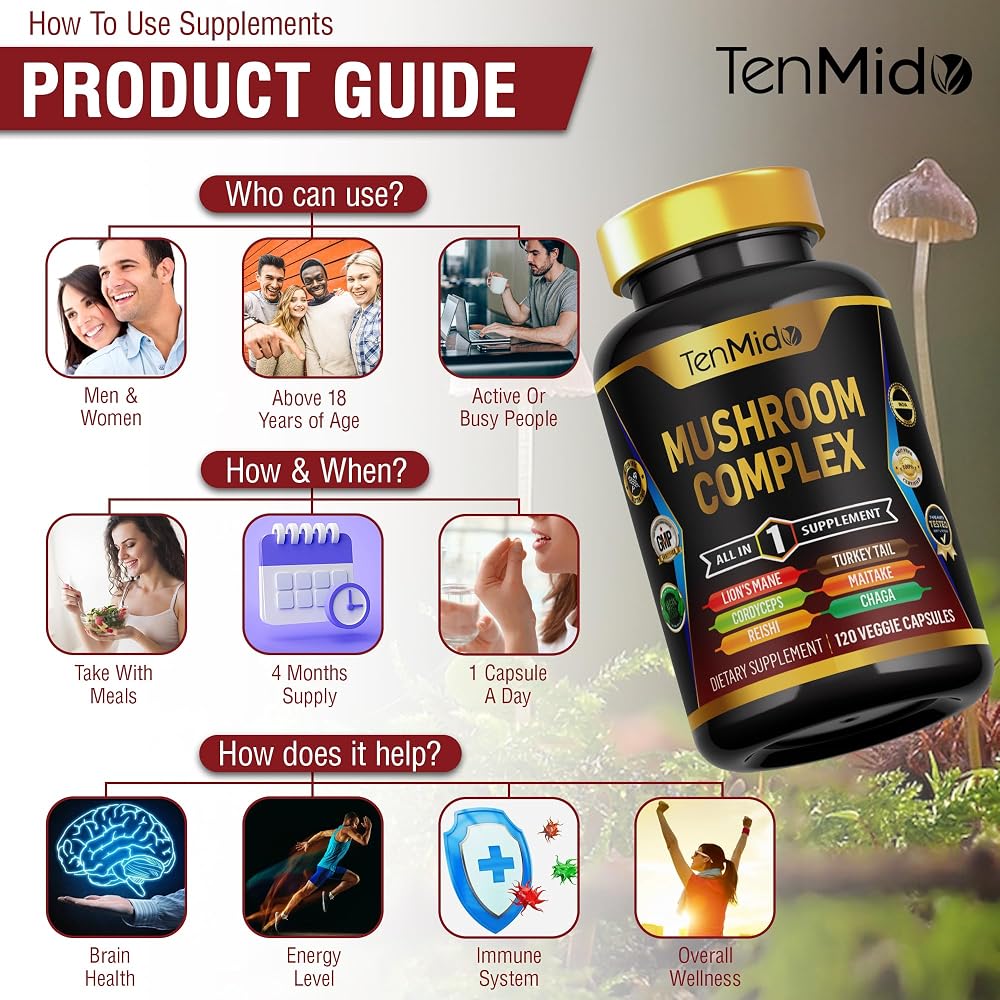 Tenmido Mushroom Complex Supplement 13-in-1 - 120 Capsules - image 6
