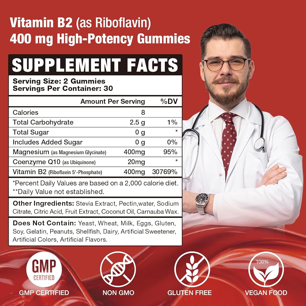 VAJYKEWJY Vitamin B2 Riboflavin 400mg Gummies for Energy - 120 Count - image 2