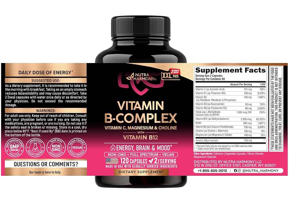 NUTRAHARMONY Vitamin B Complex for Energy & Stress Support - 120 Capsules - image 2