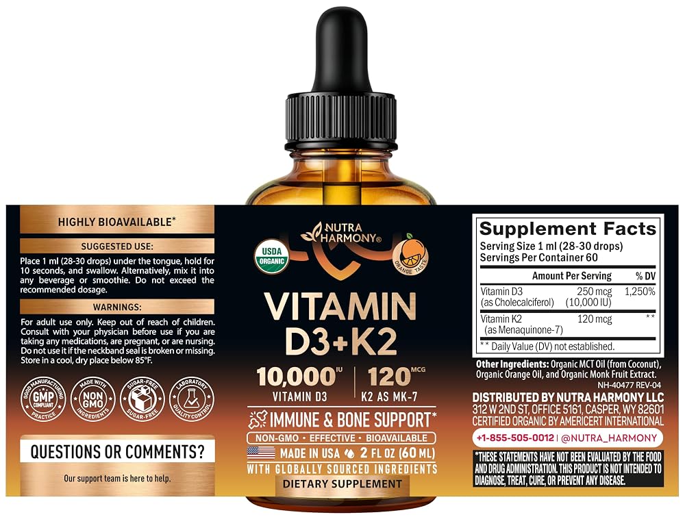 NUTRAHARMONY Vitamin D3 K2 USDA Organic Drops - Vitamin D3 10000 IU