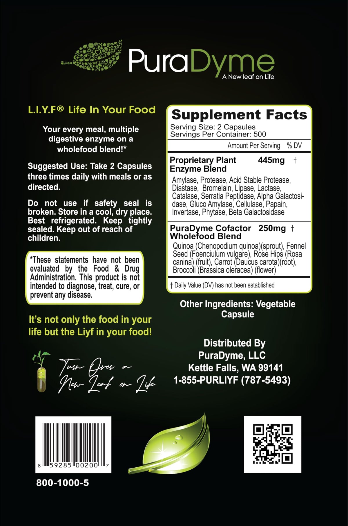 PuraDyme LiyfZyme Plant-Based Enzyme Supplement - 1000 Capsules - image 2