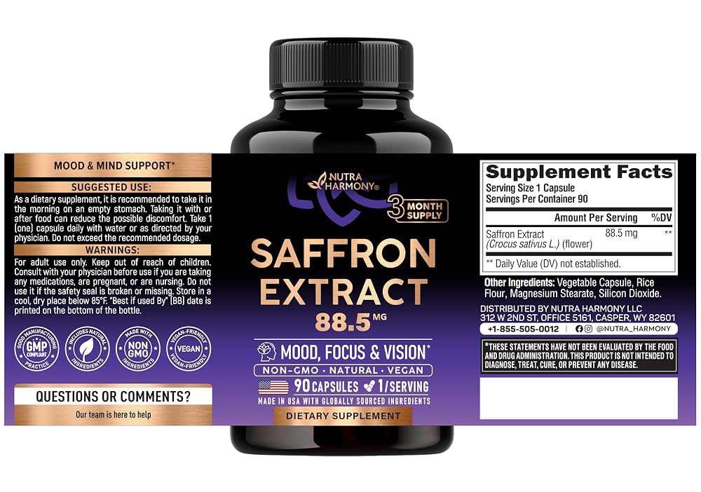 NUTRAHARMONY Natural Saffron Supplements - Pure Saffron Extract 88.5