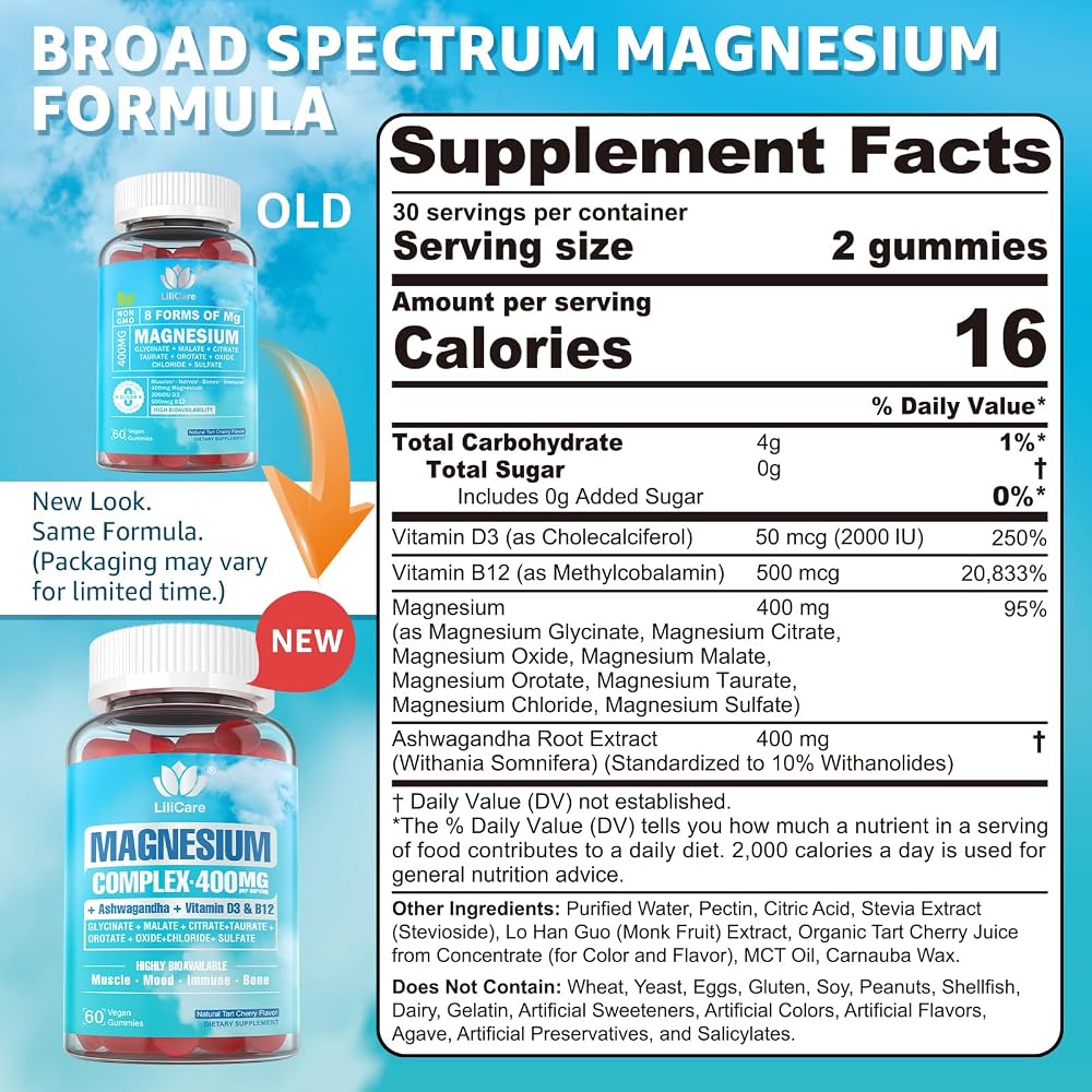 LILICARE Sugar Free Magnesium Gummies 400mg for Women Men