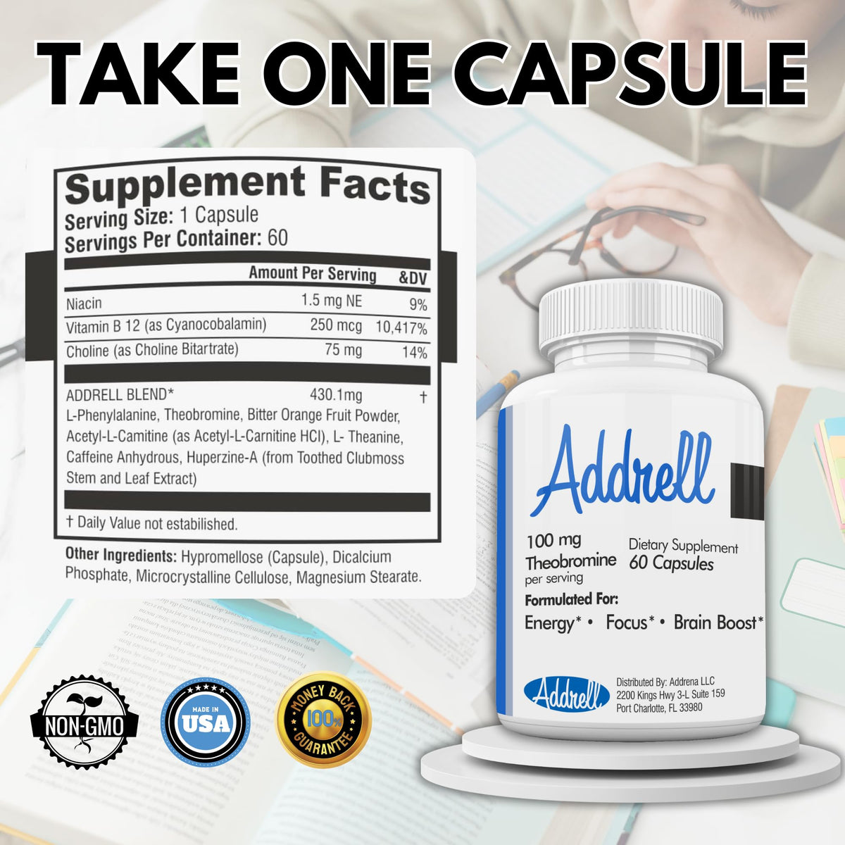 Focus Pep Addrell Energy Stimulant Natural Brain Booster - 60 Capsules - image 2