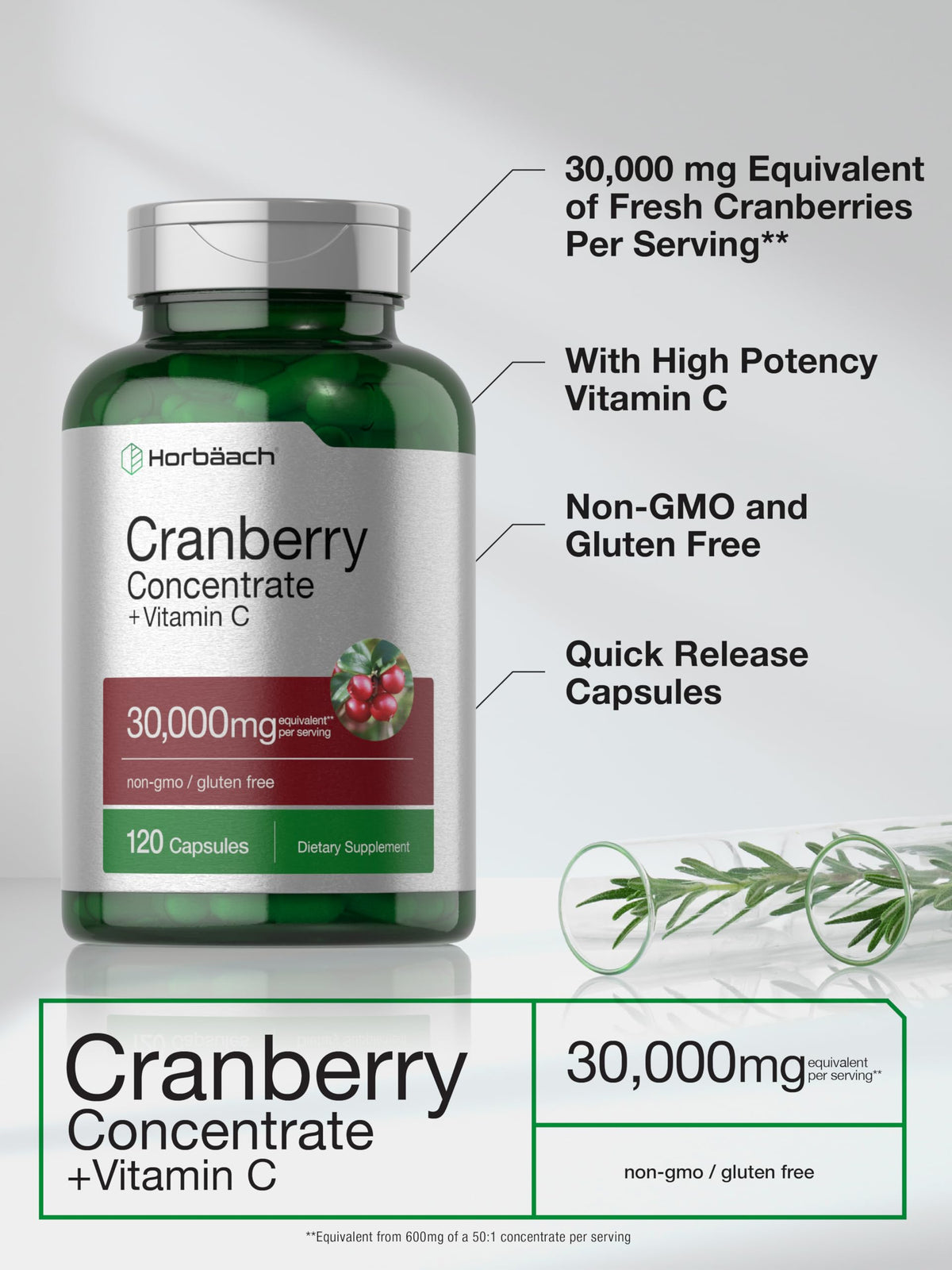 Horbäach Cranberry Concentrate Extract Pills with Vitamin C - 120 Capsules - image 4